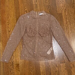 Self-Portrait Taupe Sequin Ruched-Bust Long Sleeve Top - New never been worn